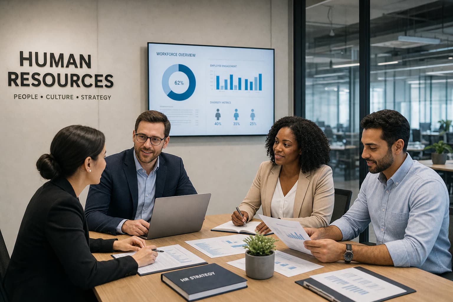 Equipo profesional de Recursos Humanos trabajando en oficina, con documentos, laptops y ambiente de organización y control.